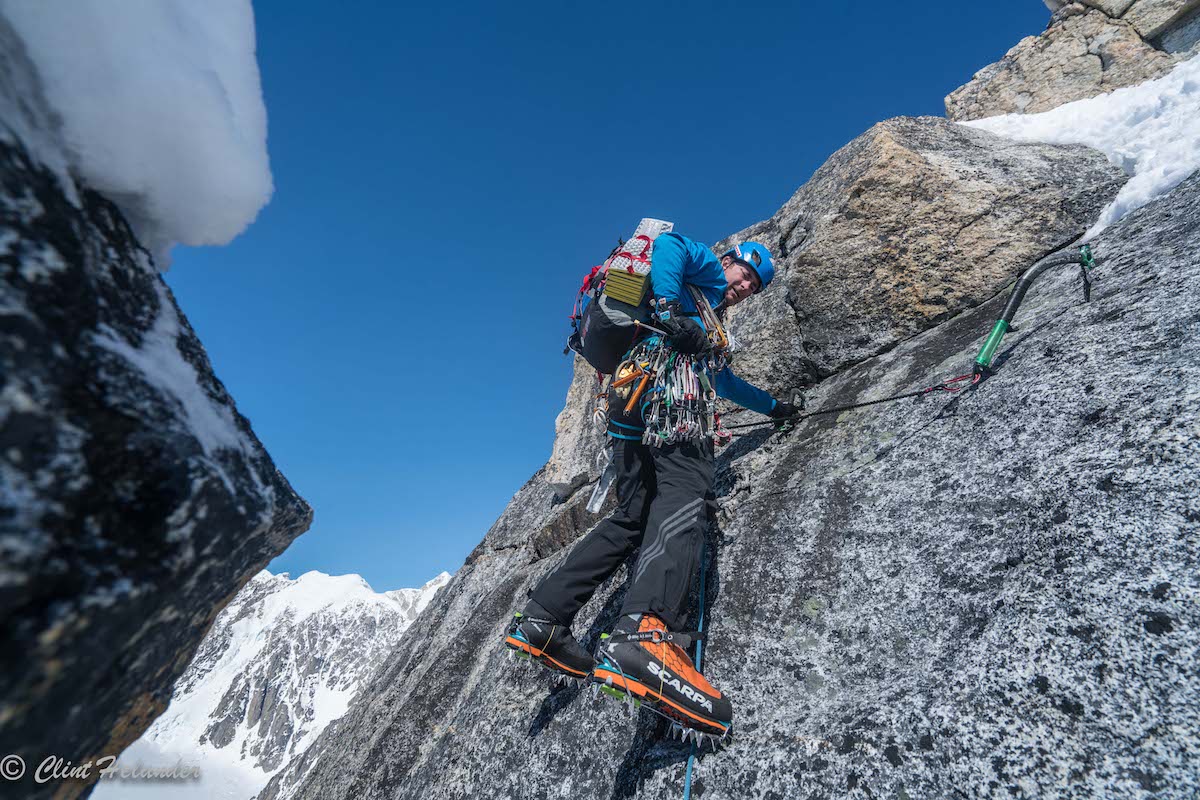 Roskelley begins an incredible section of mixed climbing on the third tower on Day 3. [Photo] Clint Helander