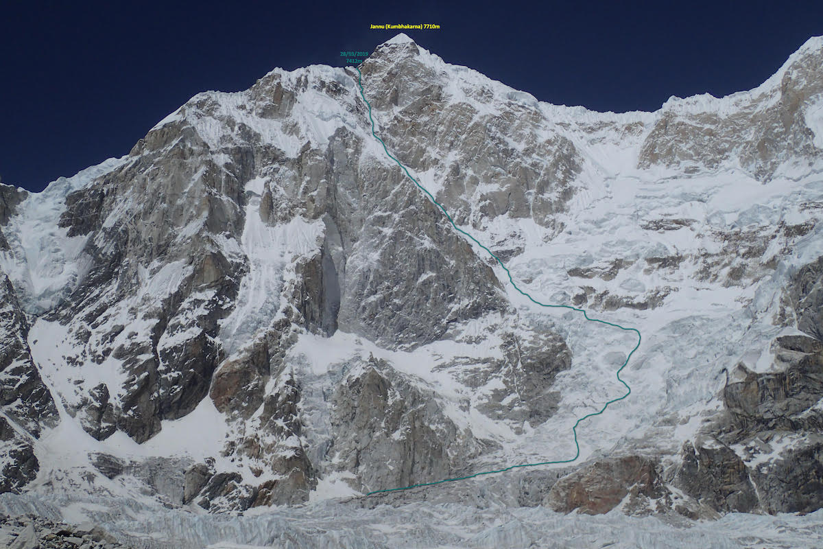The East Face of Jannu/Kumbhakarna. The actual route is shown in red, while the intended route is shown in orange. [Photo] Courtesy of Marcin Tomaszewski