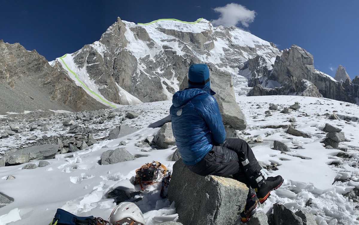 The south face of the K6 massif. The green line shows the visible parts of the route that the Wrights climbed to the top of K6 West (7040m). [Photo] Priti and Jeff Wright collection