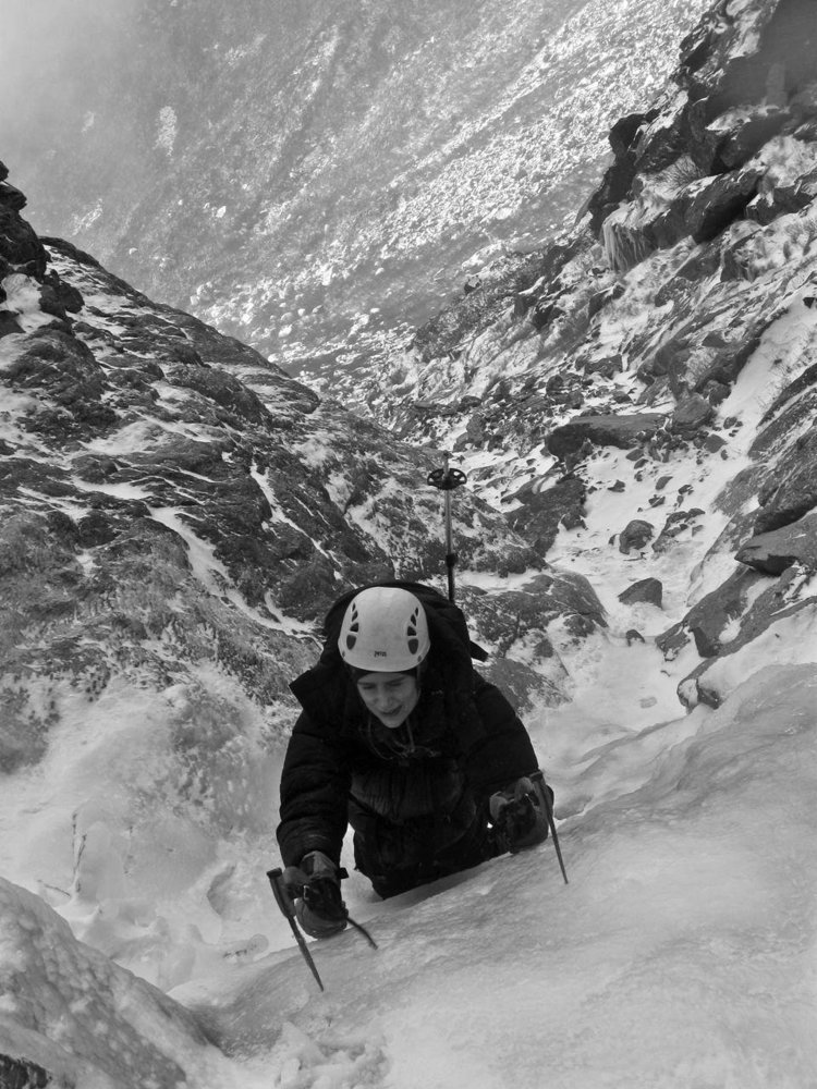Ives ice climbing in Huntington Ravine, Agiocochook (Mt. Washington), New Hampshire. [Photo] Alan Cattabriga