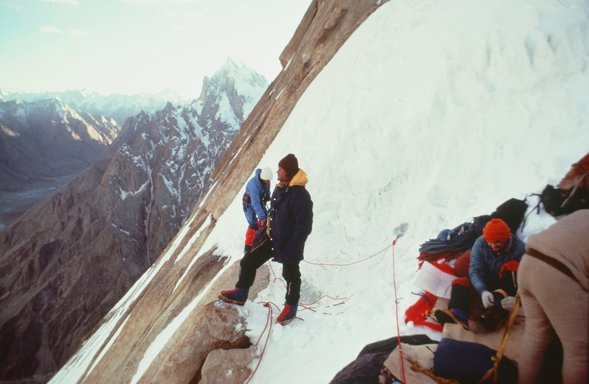 Roskelley (far left), Kim, Jim Morrissey, and Dennis Hennek (far right) on Great Trango Tower. [Photo] Galen Rowell, Kim Schmitz collection