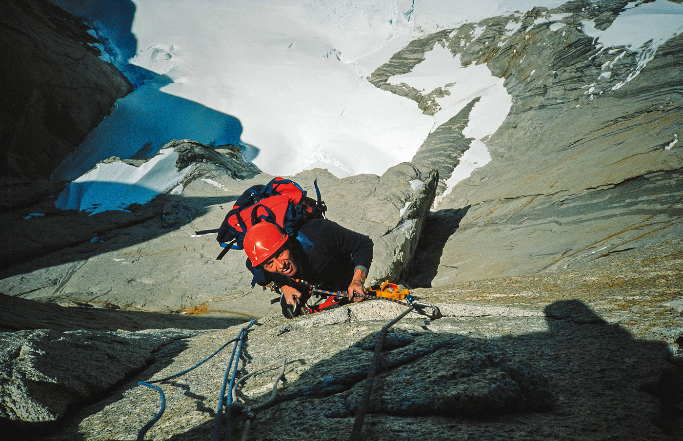 Knez on Peklenska Direttissima, Cerro Torre. Rolando Garibotti's website Pataclimb.com describes this as a very difficult line, on which no progression bolts were placed and only 5 bolts were placed for belays. [Photo] Silvo Karo