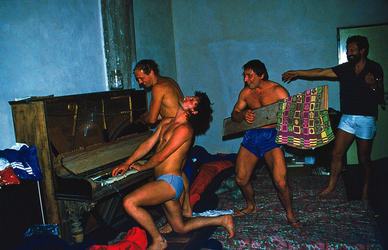 The Musketeers celebrating in Buenos Aires, after the first ascent of Peklenska Direttissima. This photo appeared in Alpinist 6 as part of A Climber's Life by Pavle Kozjek, a talented Slovenian alpinist who died on Pakistan's Muztagh Tower (7284m) in 2008. [Photo] Pavle Kozjek