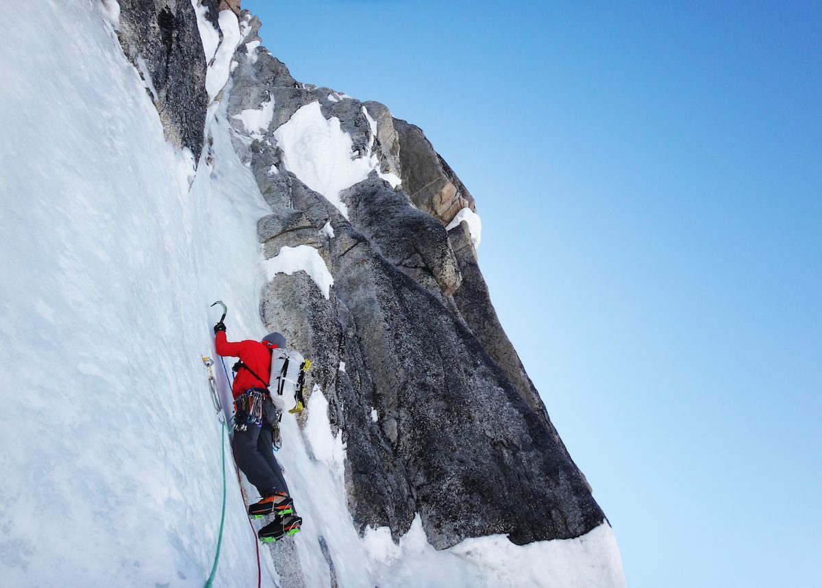 Kurt Ross on the French Route of the North Buttress of Begguya (Mt. Hunter), Alaska. [Photo] JD Merritt