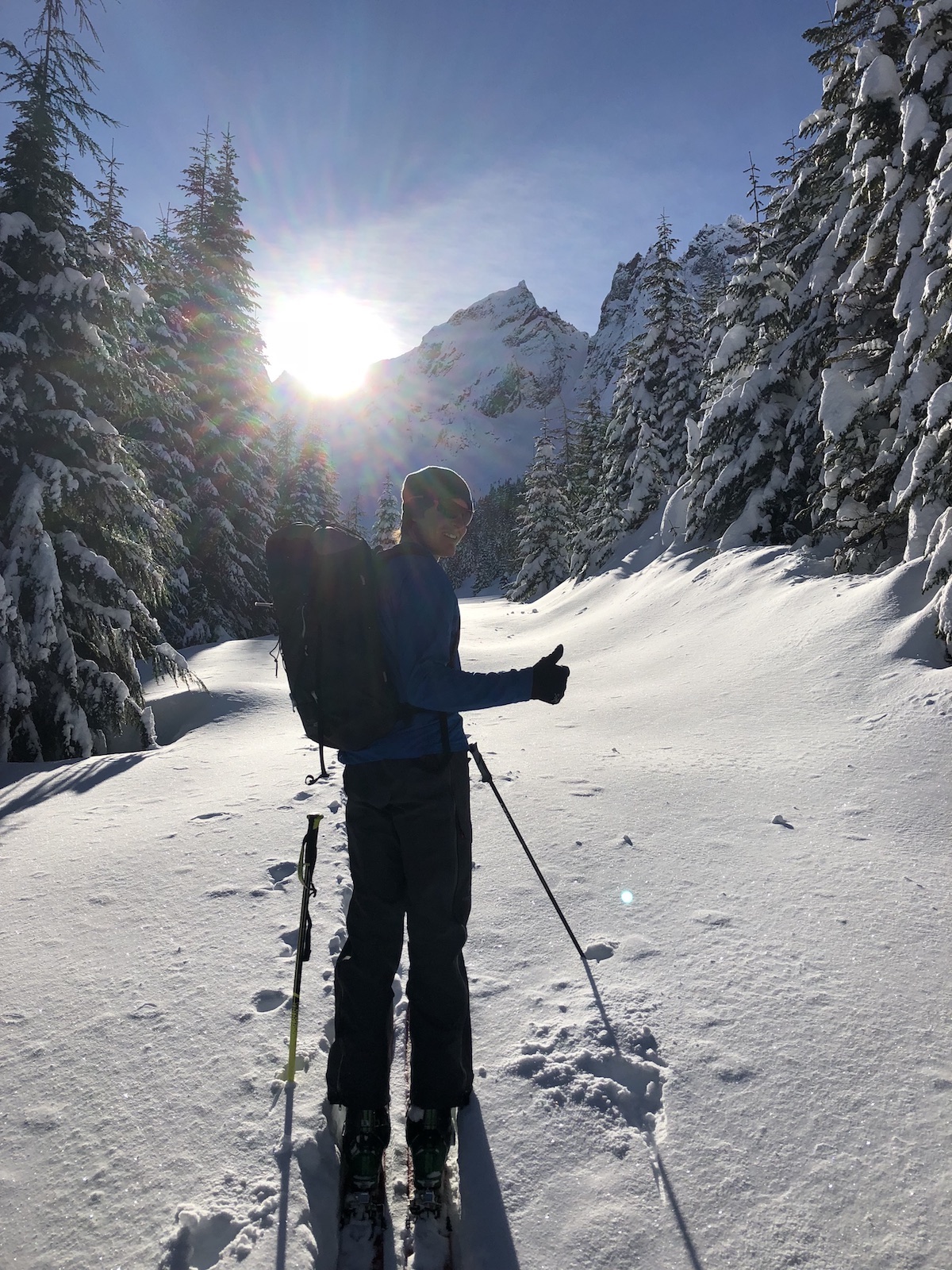 Leclerc on the approach to Mt. Slesse for winter climbing and powder skiing, February 2018. [Photo] Brette Harrington