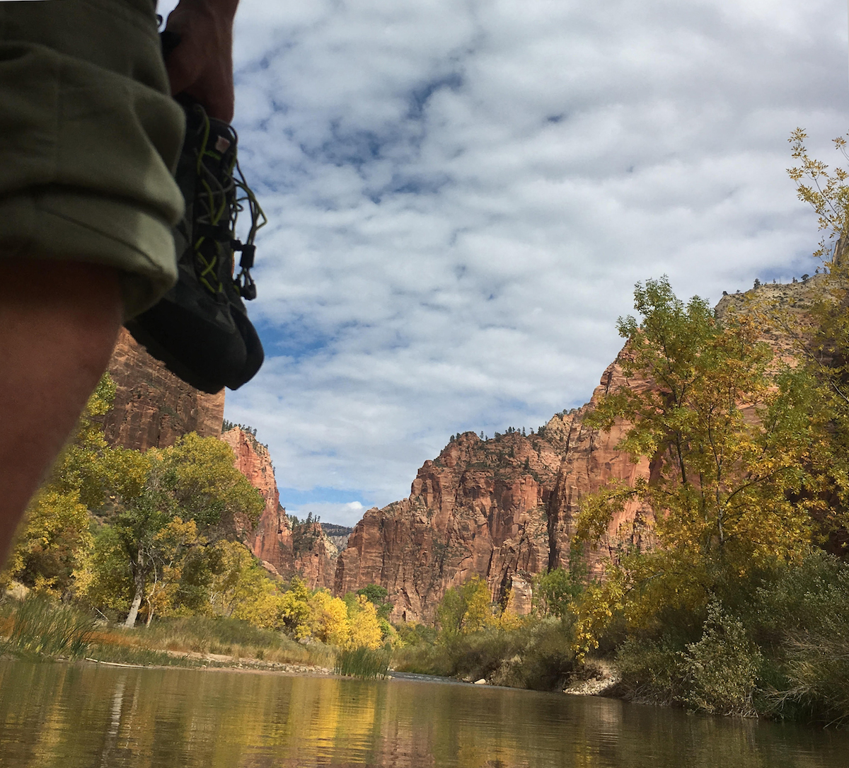 Wading across the Virgin River in Zion with the Lowa Approach Pro Los in hand. [Photo] Derek Franz