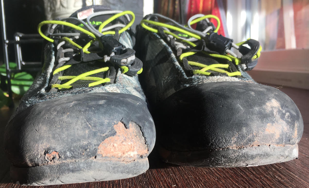 The author suffers from a numb right toe, which resulted in the tip of the right shoe wearing through faster than the left. [Photo] Derek Franz