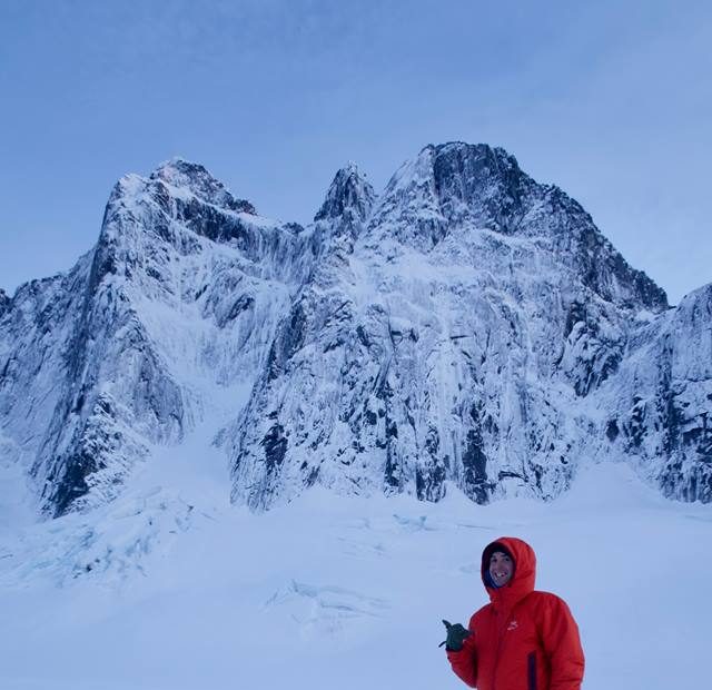 Ryan Johnson, in front of the Main Tower of the Mendenhall Towers, Alaska