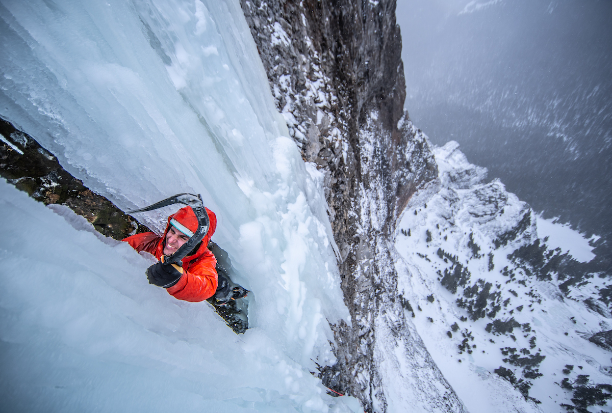 Matt Cornell climbing Nutcracker (WI5+ M9, 5 pitches)--with a rope and partner--in Montana's Hyalite Canyon. [Photo] Nathan Norby