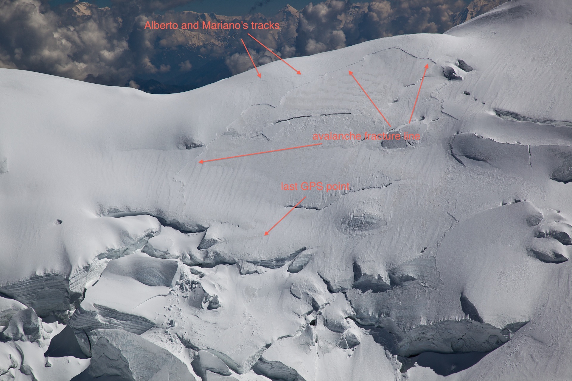 These photos were taken during the helicopter search and show the missing climbers' tracks disappearing into the crown line of a massive avalanche on Nanga Parbat's Mazeno Ridge. [Photo] Alex Gavan