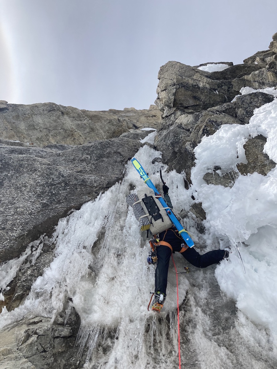 Climbing Denali's Isis Face by a new route with skis on their backs. [Photo] Mike Gardner collection