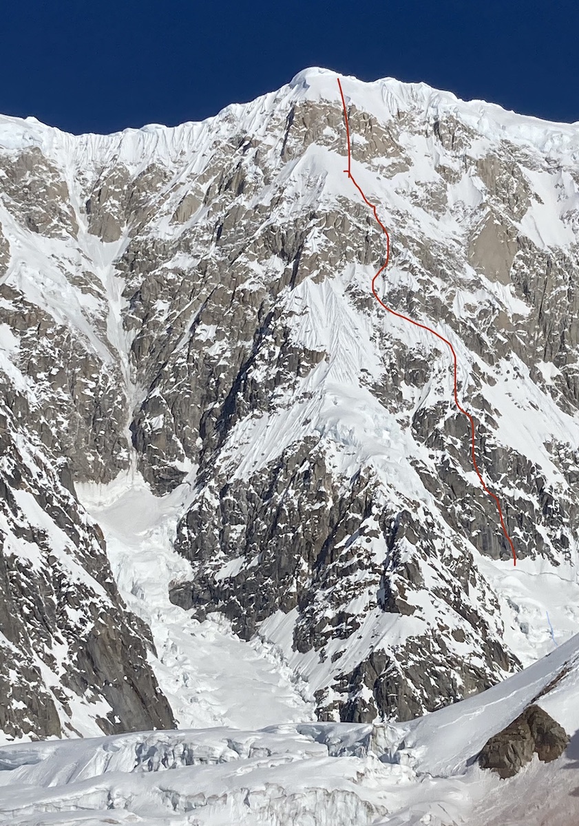 Denali's Isis Face with Anubis (Alaska Grade 6: AI5 M6, 6,900') drawn in red. [Photo] Mike Gardner collection