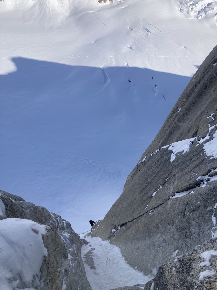 Enjoying the Bibler-Klewin (Alaska Grade 6: WI6 M6, steep snow, 6,000') on the North Buttress of Mt. Hunter (Begguya, 14,573'). [Photo] Mike Gardner collection
