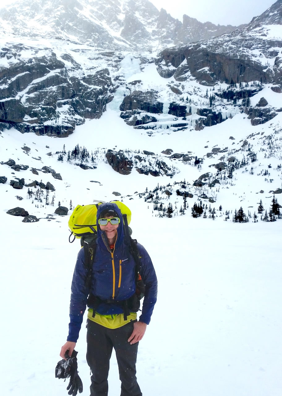 The jacket's two-way zipper meant heat dumping was easy on steep approaches, but when fully zipped it was plenty warm on snowy descents like this one, returning from All Mixed Up (III WI4, M4, 550') in Rocky Mountain National Park [Photo] Jake Mashburn