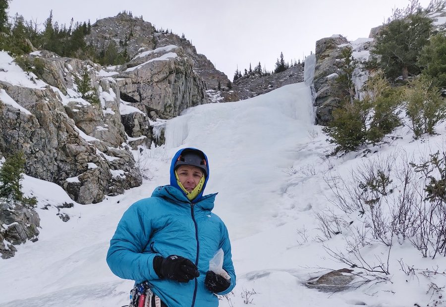 Mike Lewis wears the Phantom Down Parka on a cold day of ice climbing in the Colorado backcountry last winter. [Photo] Yaroslav Lototskyy