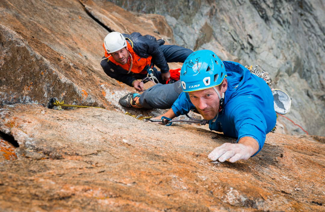 Maury Birdwell belays Jesse Huey at the start of Pitch 4 of their new free route Original Sin (V 5.12+, 1,800'). [Photo] Austin Siadak