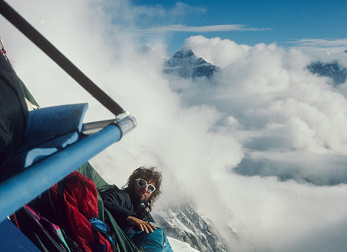 From Conrad Anker's The City and The Blade in Alpinist 38. Mugs Stump on the Spanish Pillar of Meru North (6450m) in 1988. [Photo] Steve Quinlan