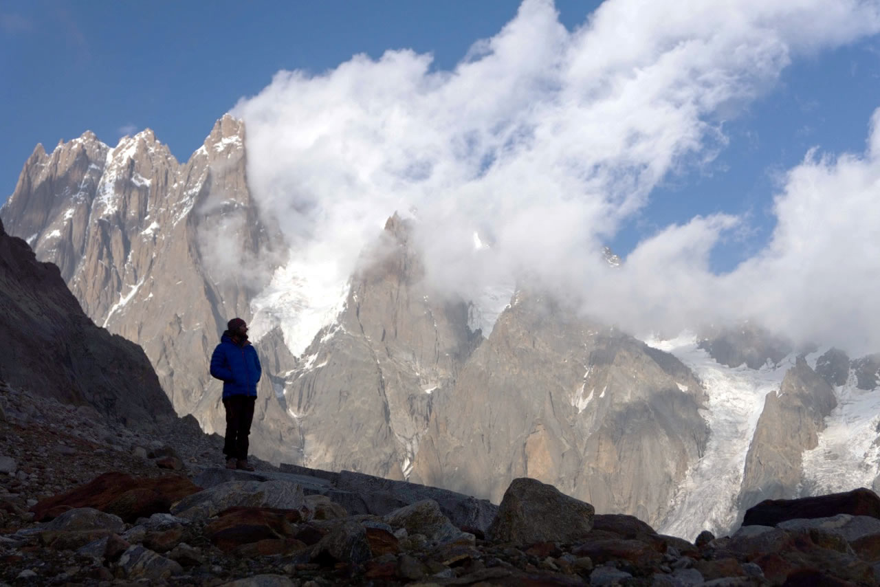 Jeff Shapiro enjoys the view from camp after the first day or approach. [Photo] Chris Gibisch