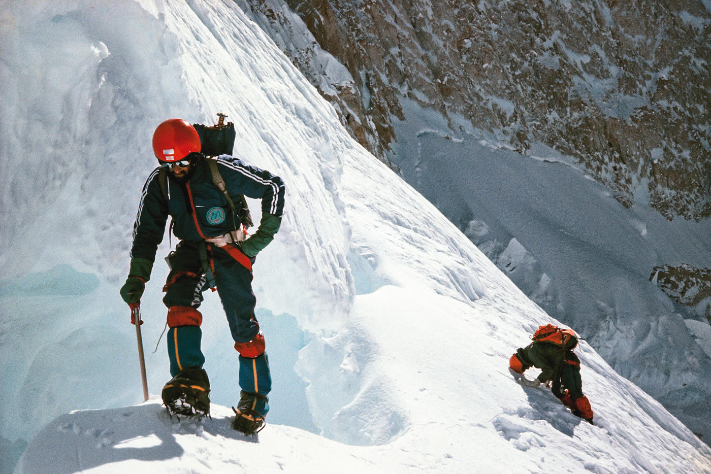 Kiwi climbers Lynn Crawford and Ian Jowett below the high camp in 1975.