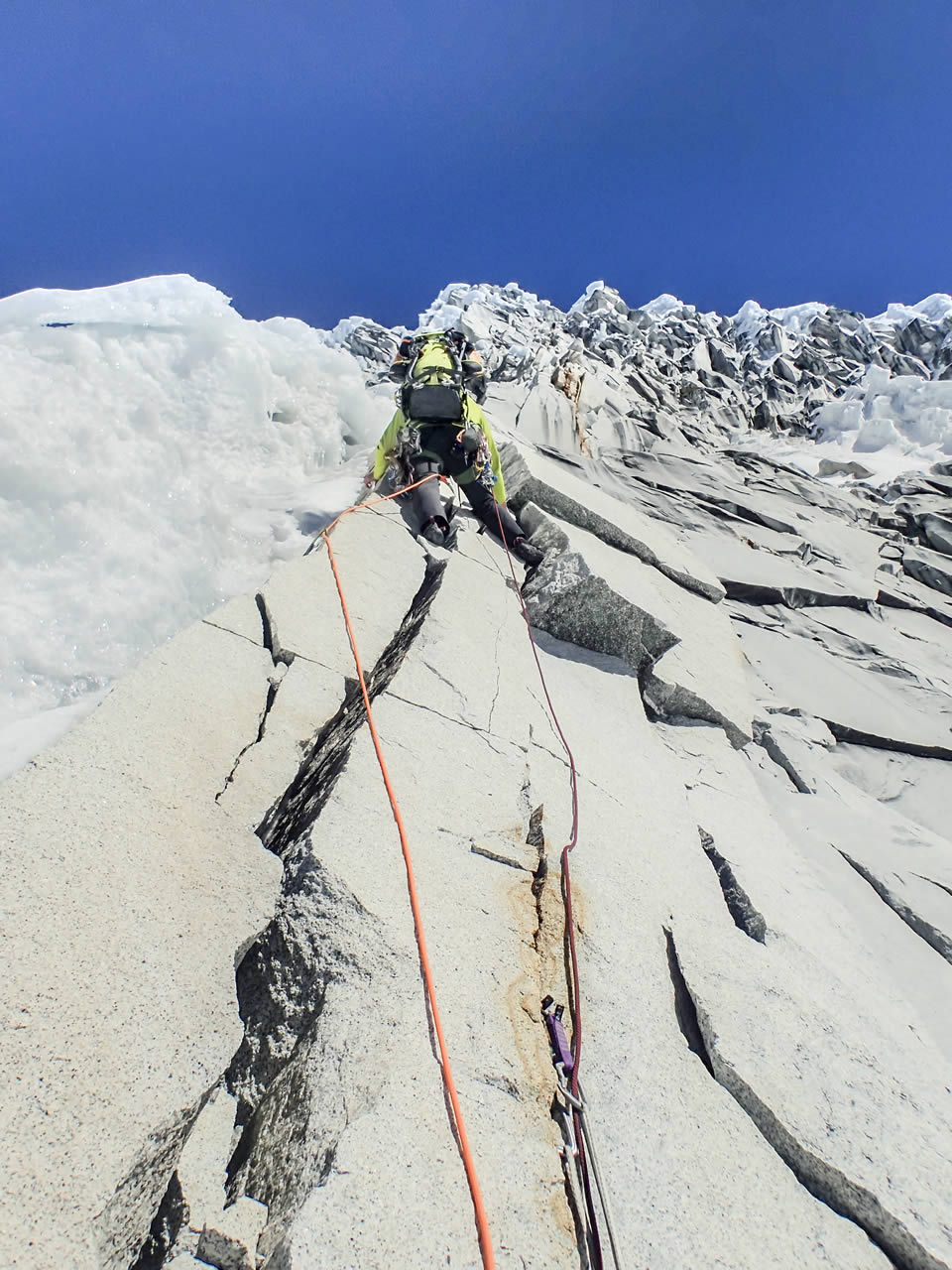 Rose Pearson part-way up the West Ridge on the second attempt. [Photo] Alastair McDowell