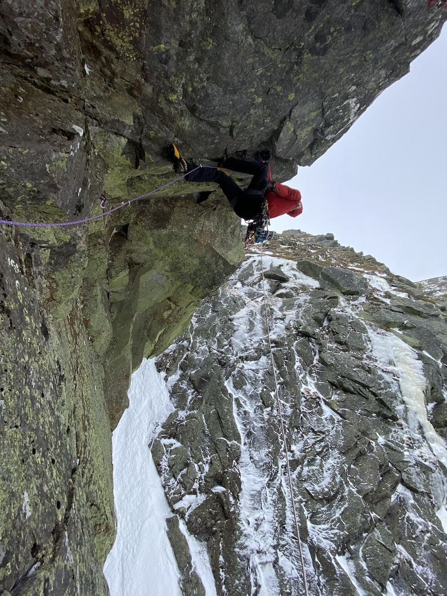 Nicolodi starts up the crux pitch of The Resistance, a pick seam that widens to a 5-inch offwidth, on an attempt last February. [Photo] Adam Bidwell