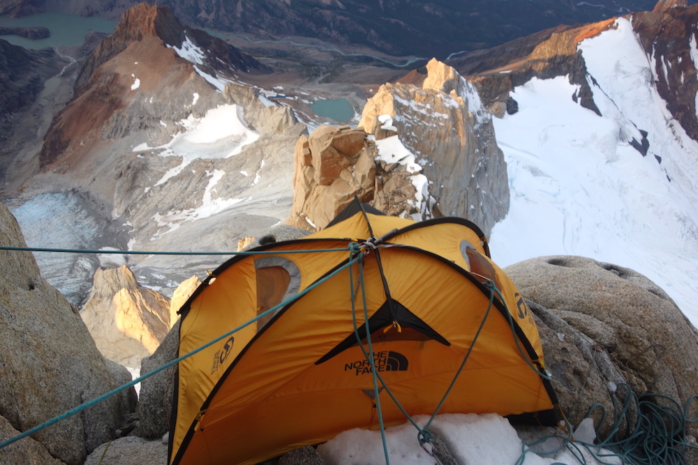O'Driscoll's tent anchored to a slender perch. [Photo] Sean Villanueva O'Driscoll