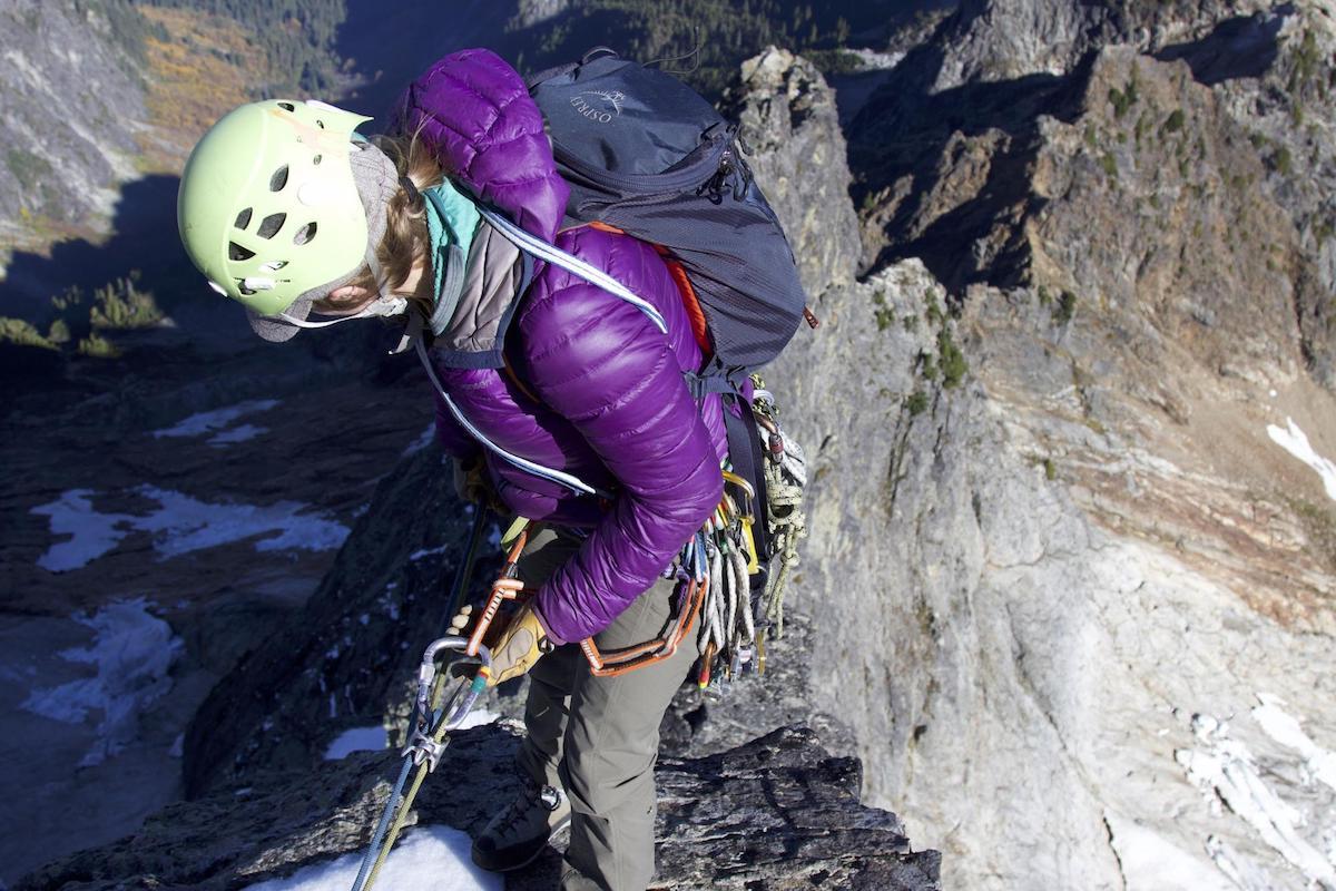 The Osprey Mutant 22-liter accompanied Mallorie Estenson on the northeast ridge of Triumph in the North Cascades. The pack is the ideal size for a fast-and-light day trip, with minimal frills. [Photo] Mallorie Estenson collection