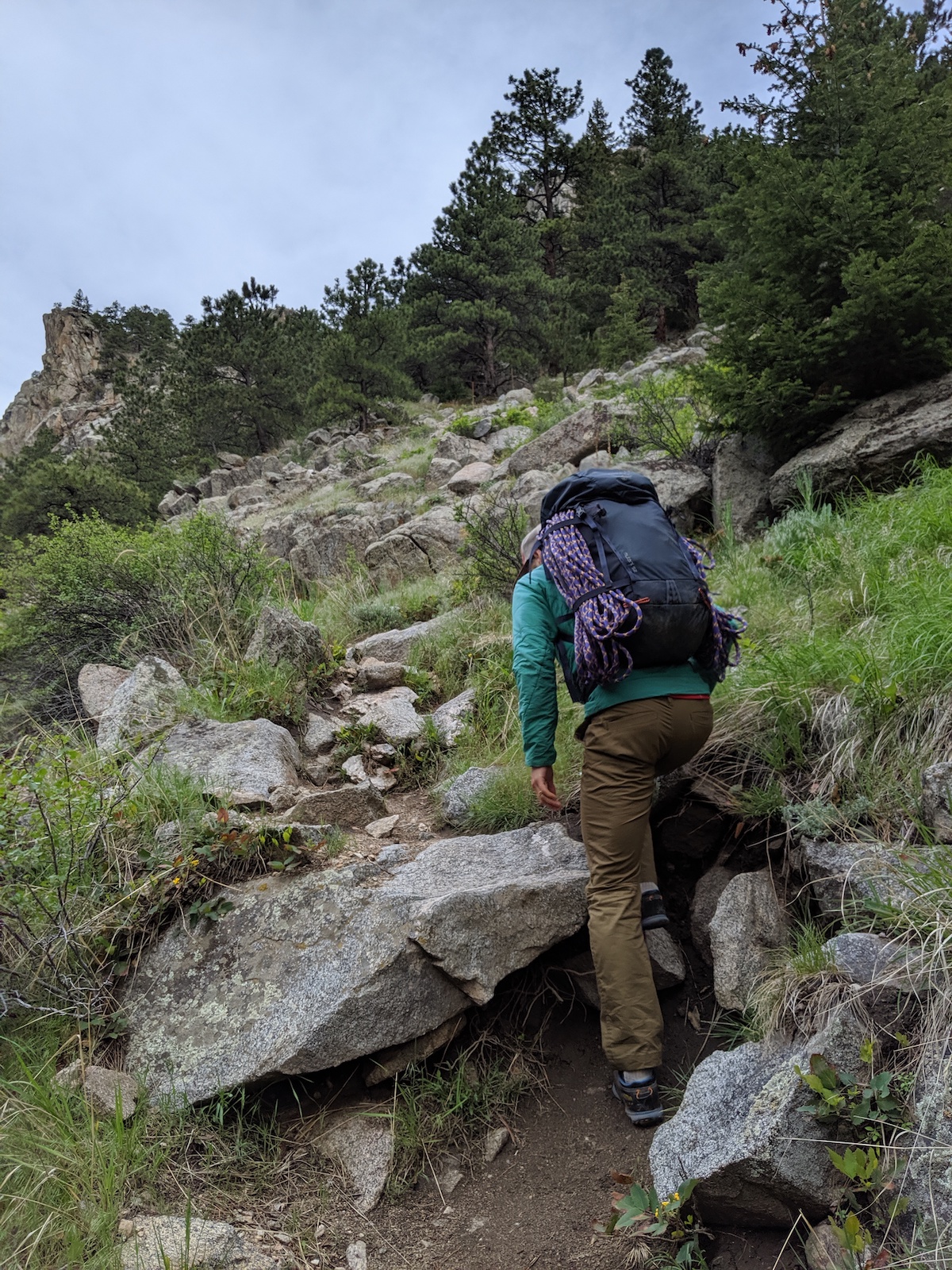 The Mutant pack loaded for a day of rock climbing. Thayer tucked the rope coils into the lower compression straps, but it would be easier if the strap buckle was release-able. [Photo] Lillian Hancock