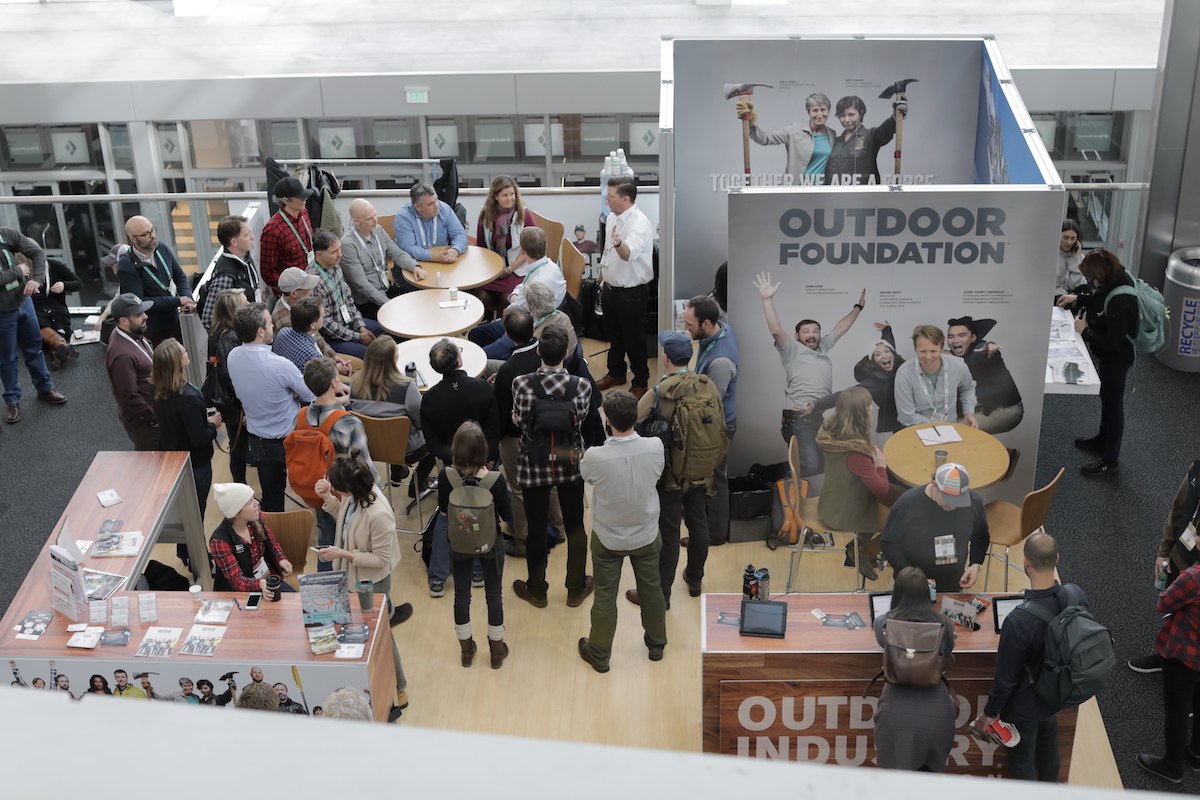 Sustainability talks at the Outdoor Industry Association booth during the 2018 Winter OR + SIA trade show. [Photo] Courtesy of Outdoor Industry Association