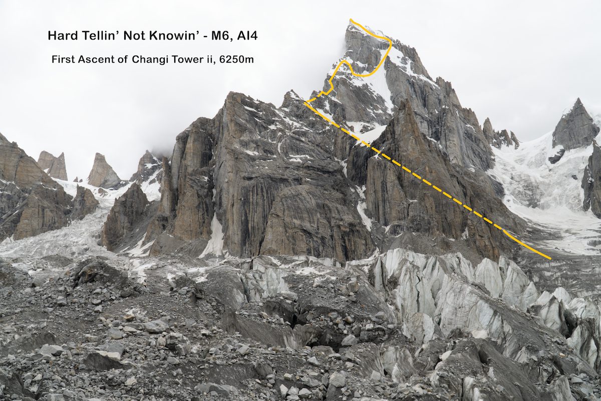 Changi Tower II (6250m) with Hard Tellin', Not Knowin' (AI4 M6/7) drawn in yellow. [Photo] Kurt Ross, Jess Roskelley and Nelson Neirinck collection