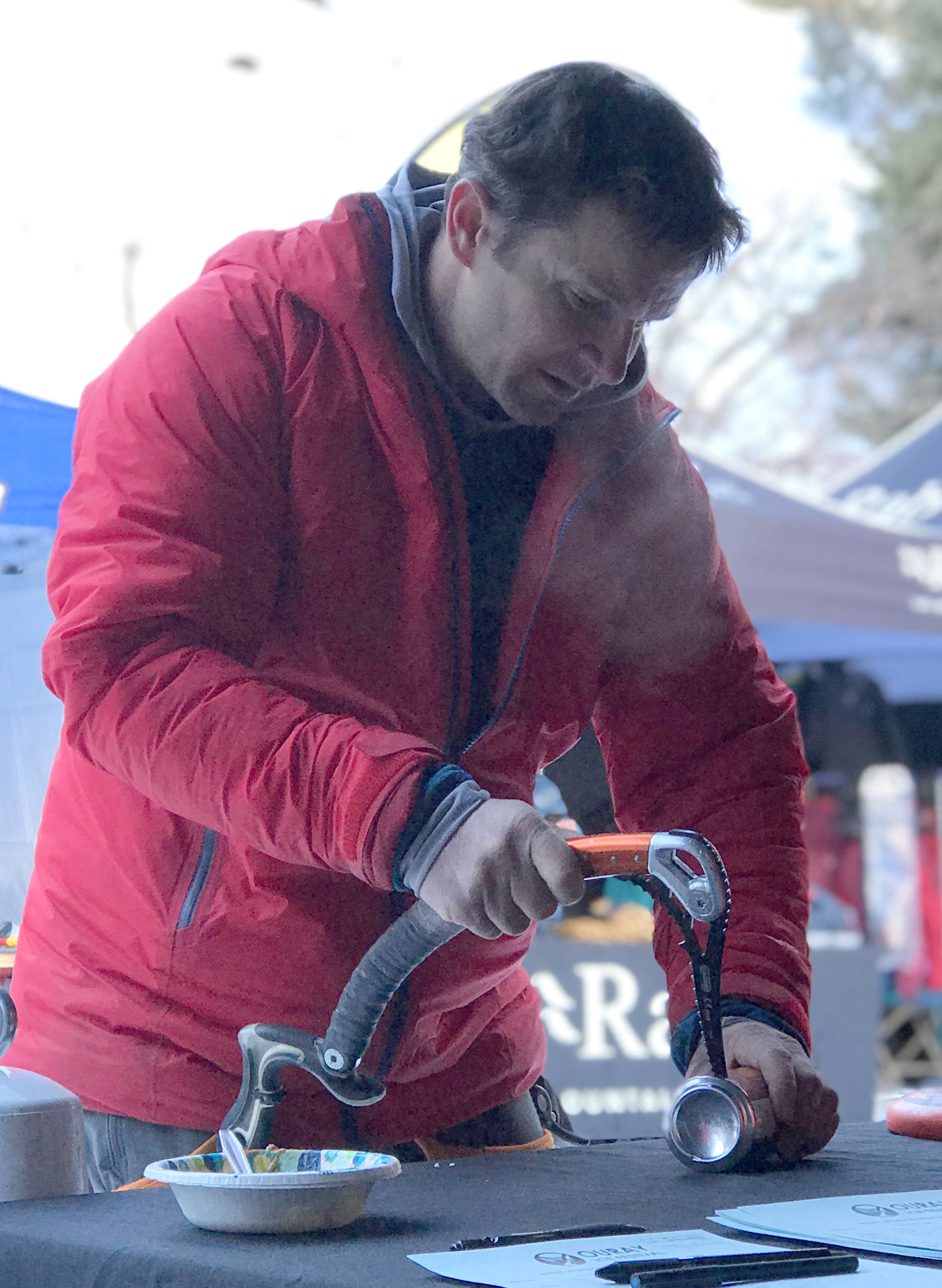 Preparing to shotgun a beverage with style at the Ouray Ice Fest. [Photo] Chris Van Leuven collection
