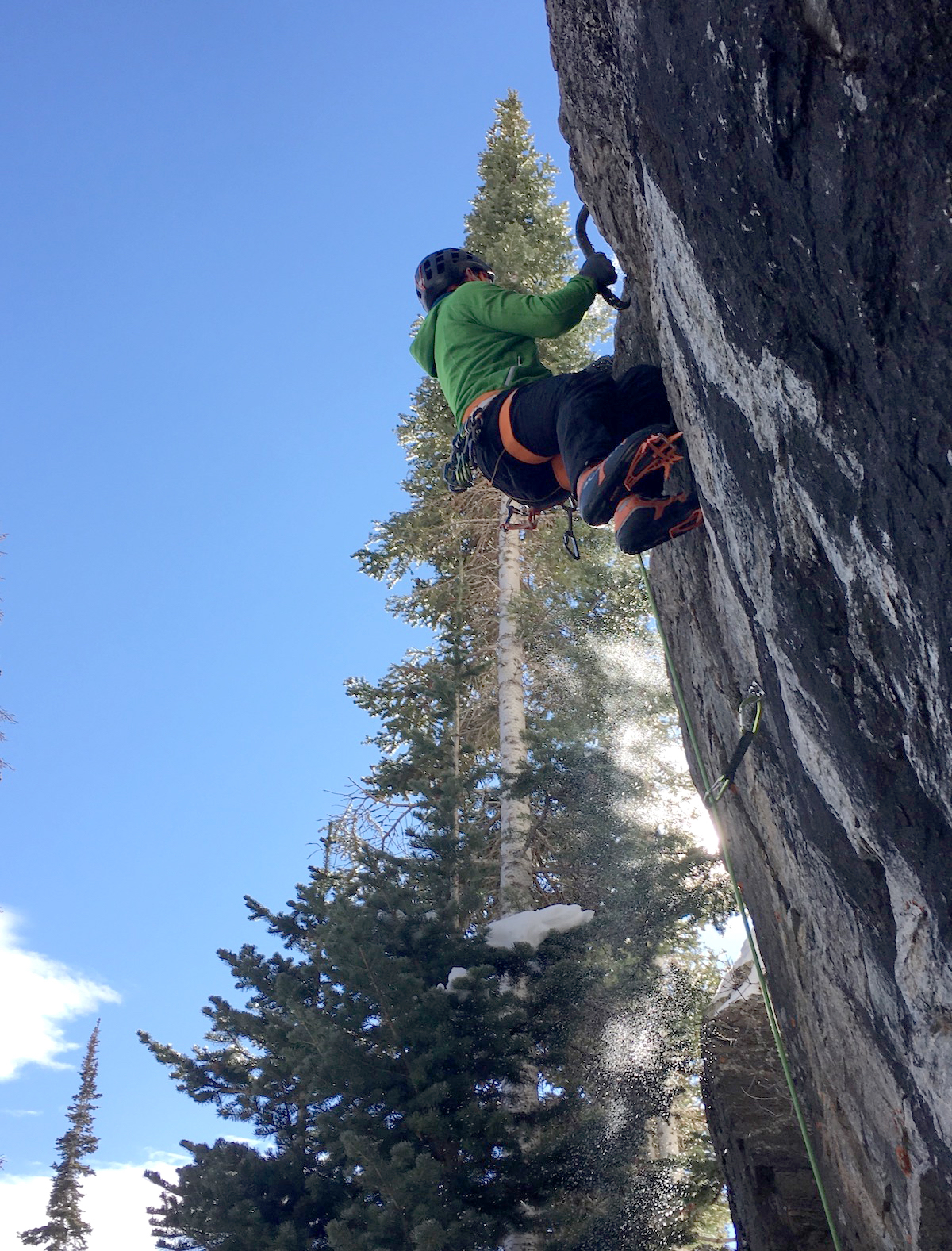 Chris Van Leuven testing the new Petzl Nomic ice tools in Rocky Mountain National Park. [Photo] Colby Rickard