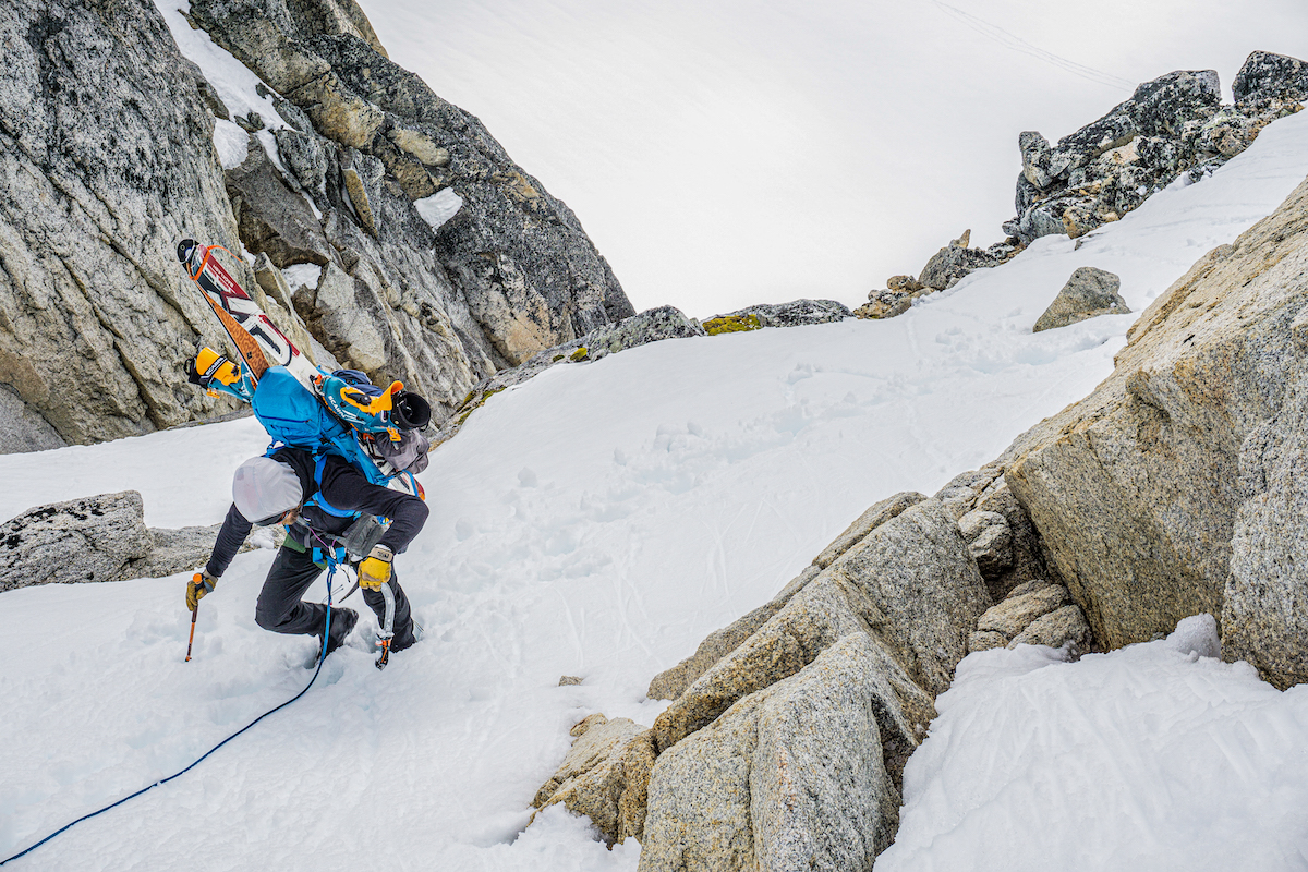 With the GRIPREST stored up and out of the way, the Quark ice tool easily plunges into snow. McCrea is pictured here in the Upper Monolith Glacier, Kichatna Range, Alaska. [Photo] Zach Lovell