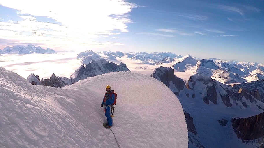 Markus Pucher snaps a self-portrait near the summit of Cerro Torre on the Ragni route during his solo winter bid in which he came within a ropelength of the top. [Photo] Markus Pucher