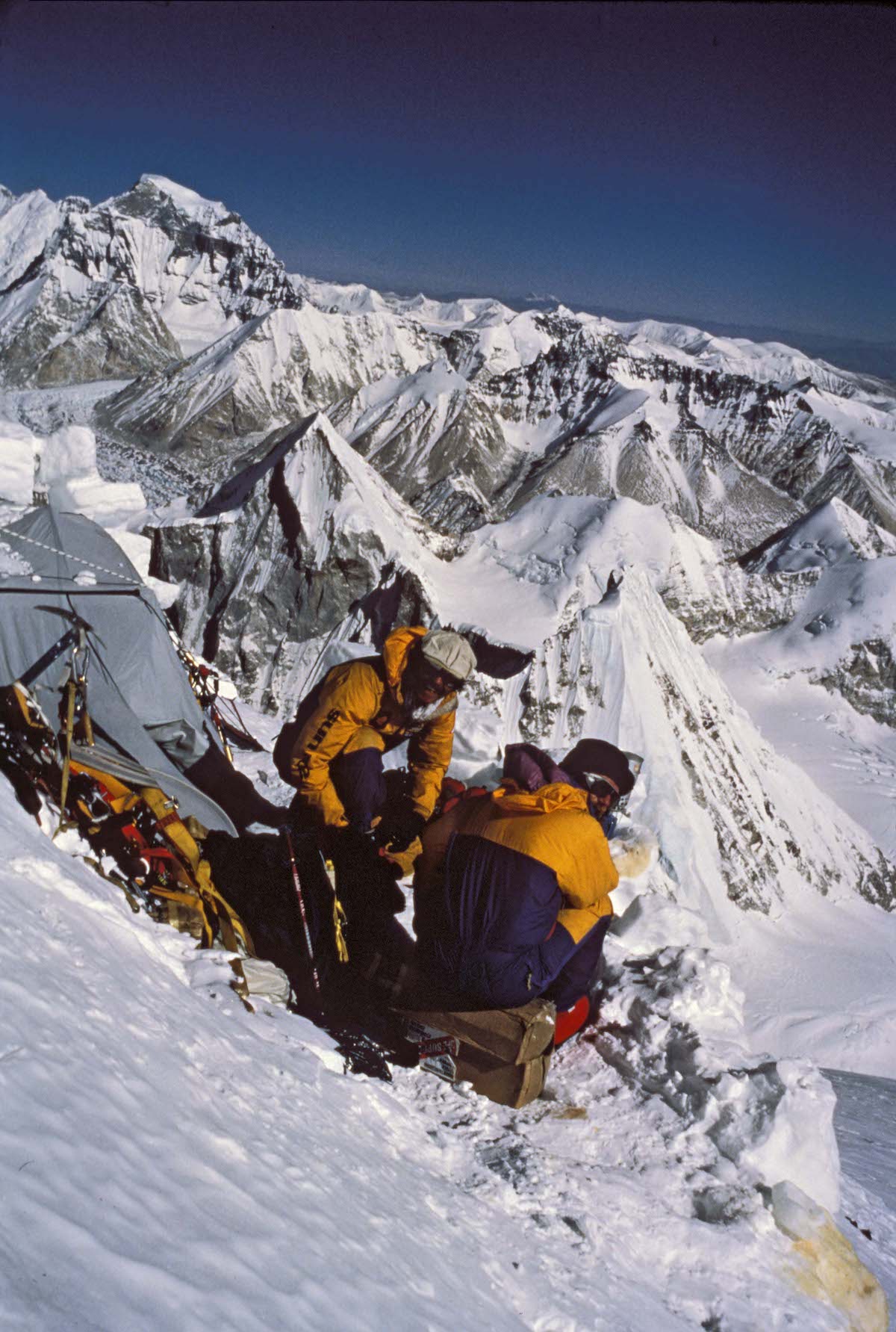 Photo caption reads, “Dan and James at Camp 4.” [Photo] Courtesy of Mountaineers Books