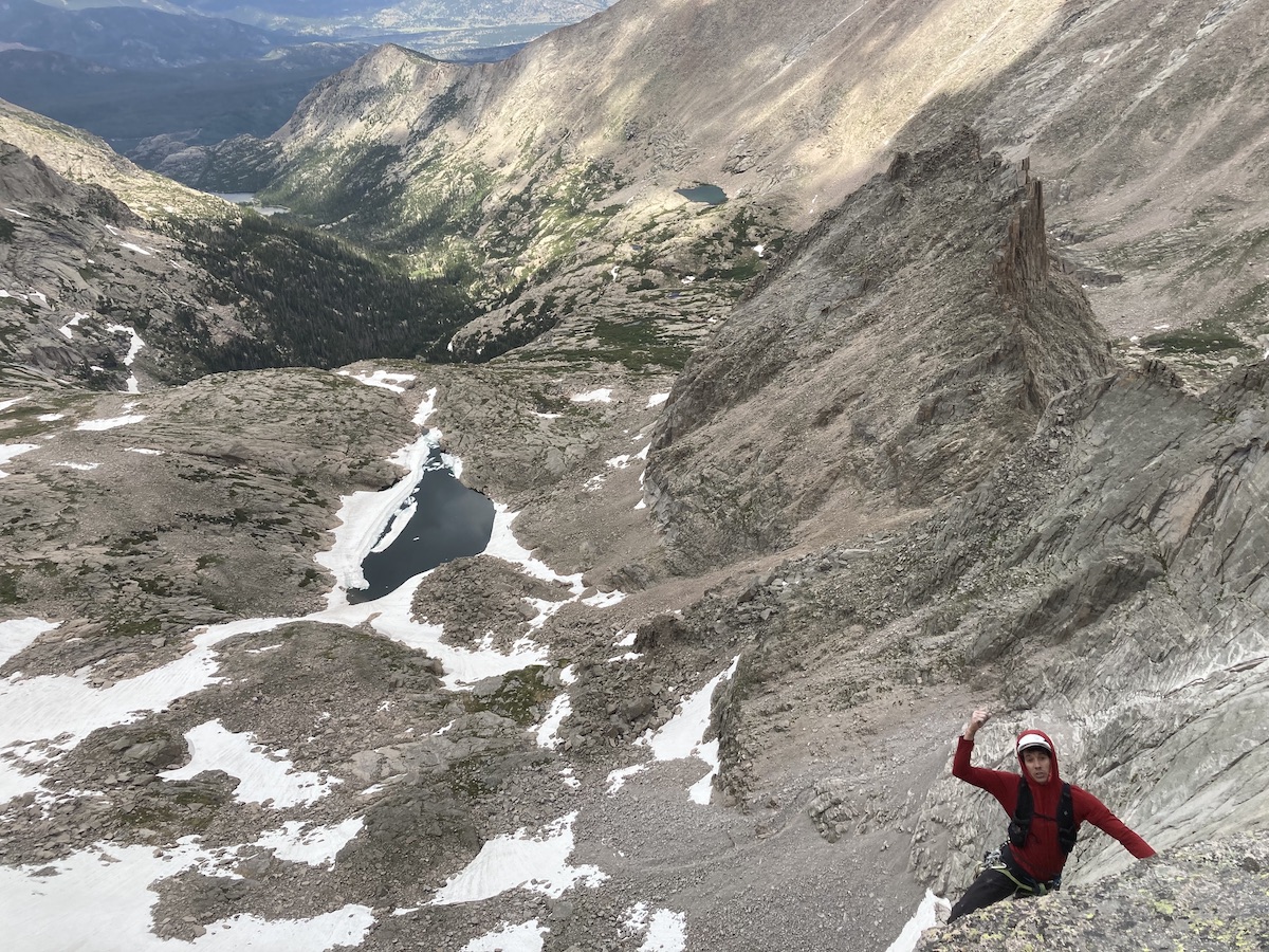 Honnold nearing the top of Birds of Fire (IV 5.11a) on Chiefs Head (13,579'). [Photo] Maury Birdwell