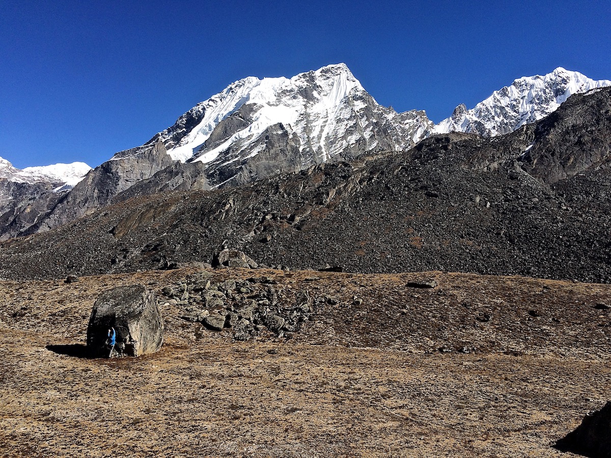 Mirhashemi bouldering near Yalung Ri basecamp. [Photo] Mark Pugliese