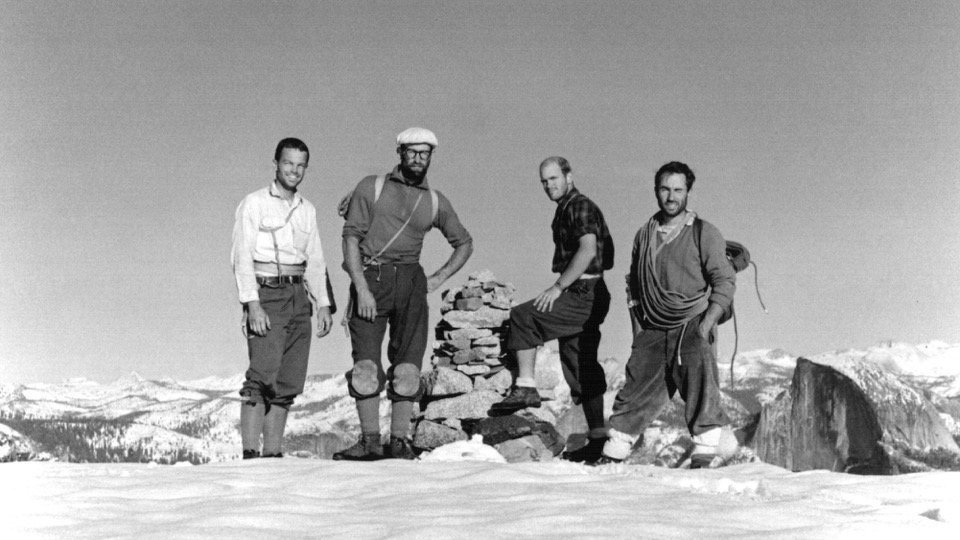 Tom Frost, Robbins, Chuck Pratt and Yvon Chouinard stand at the top of El Capitan after the first ascent of the North America Wall, September 1964. [Photo] Tom Frost
