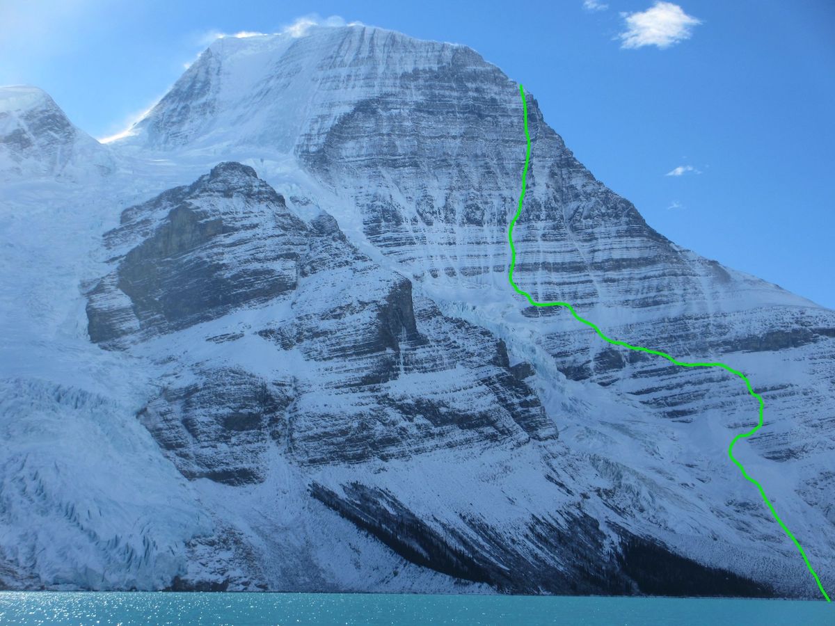 Topo of Running in the Shadows (VI AI5 M6 A0, 2000m),, Emperor Face, Mt. Robson. [Photo] Uisdean Hawthorn