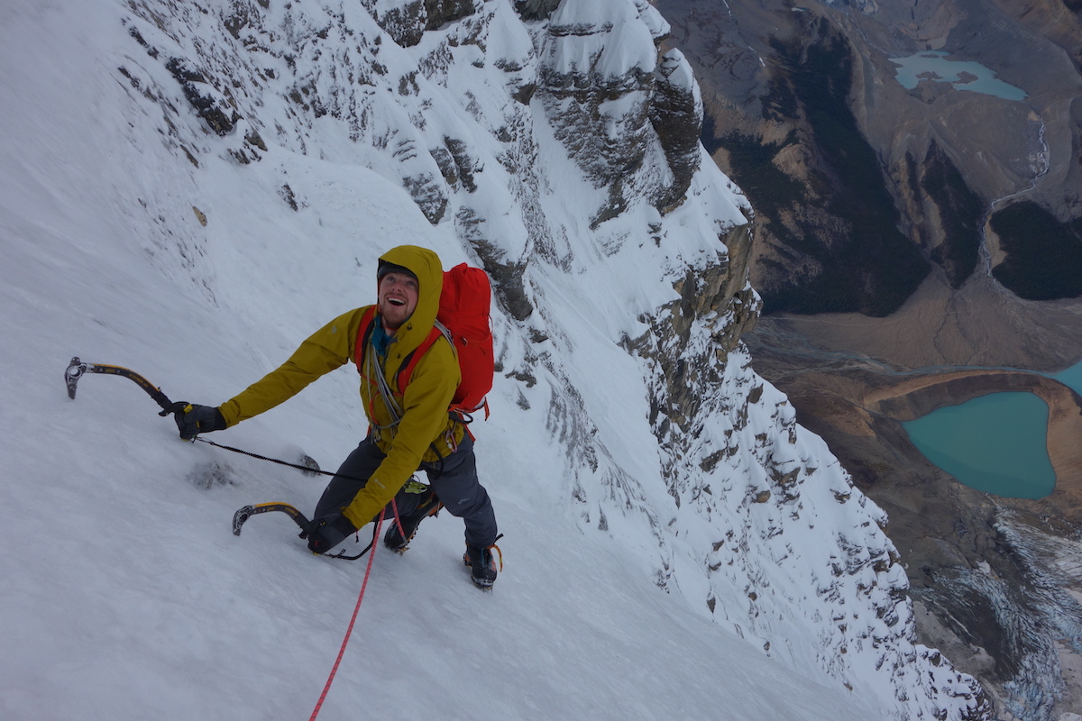 Uisdean Hawthorn enjoying neve in the upper gullies of the Emperor Face. [Photo] Ethan Berman