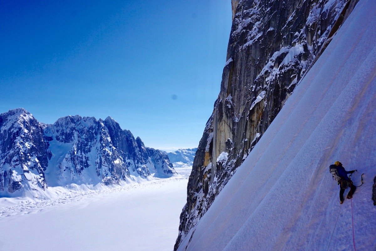 Alan Rousseau traverses over to Blood from the Stone on the first snowfield where they bivied on their first night. [Photo] Jackson Marvell