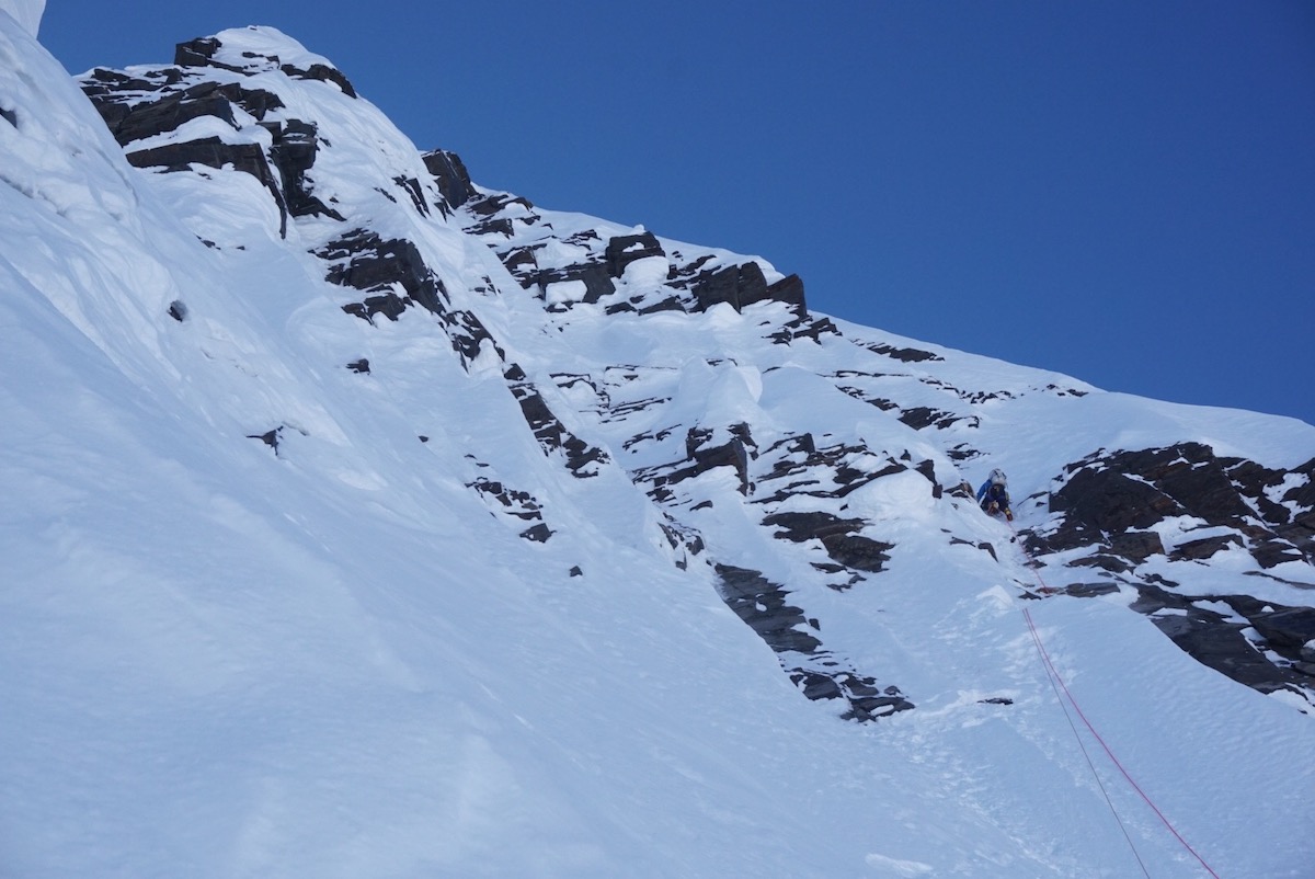Simulclimbing about 500 feet vertical below the summit. [Photo] Jackson Marvell