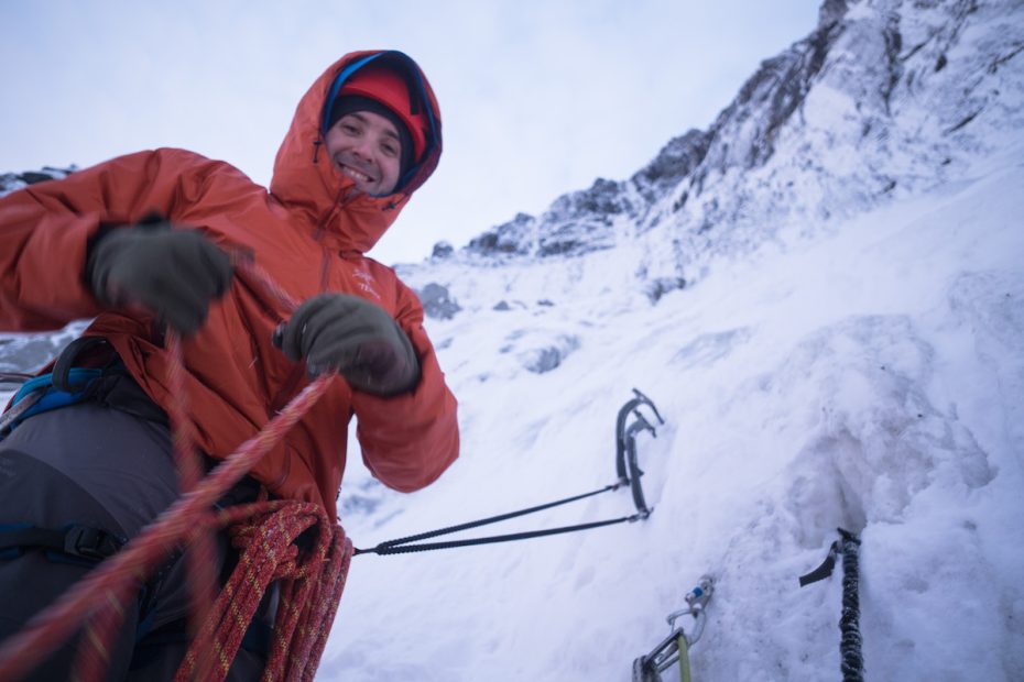 Ryan Johnson rigging a rappel on an October 2015 attempt on the north face of the Main Mendenhall Tower. Johnson completed this dream line with Marc-Andre Leclerc, but the pair lost their lives on the descent. [Photo] Clint Helander