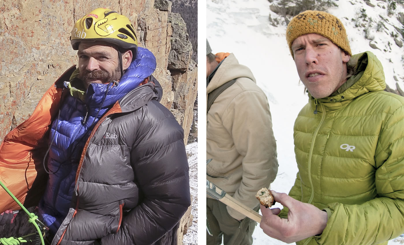 Left: Scott Adamson at the base of pitch 3 during the first ascent of The One Who Knocks WI6 M5 R/X, Reid's Peak, Uintas, Utah.  Right: Kyle Dempster at the Superbowl Sunday BBQ at the top of Pitch 2 on the Great White Icicle, Little Cottonwood Canyon, Utah. [Photos] Nathan Smith