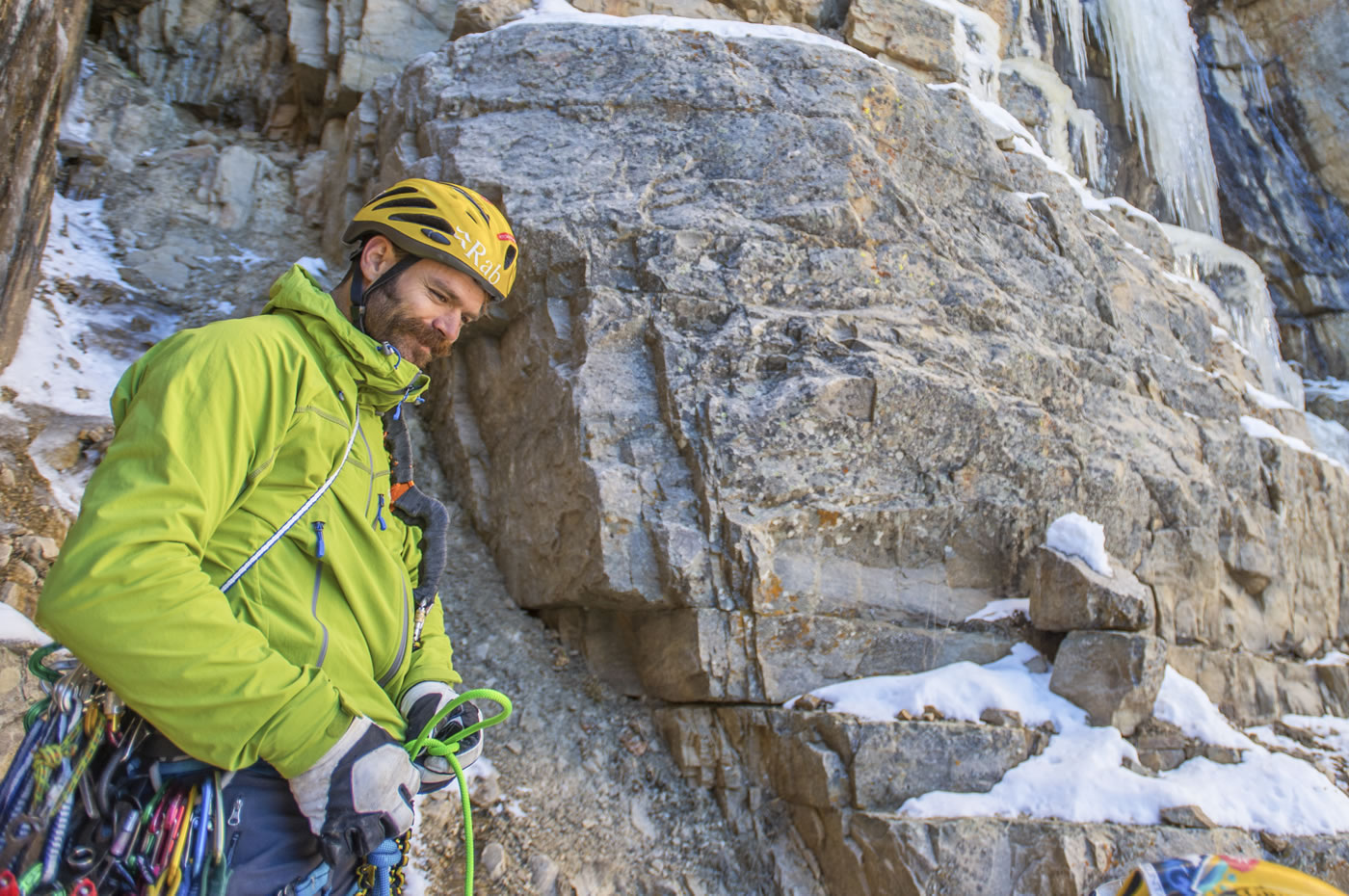 Scott Adamson on pitch 2 during the first ascent of The One Who Knocks WI6 M5 R/X, Reid's Peak, Uintas, Utah. [Photo] Nathan Smith