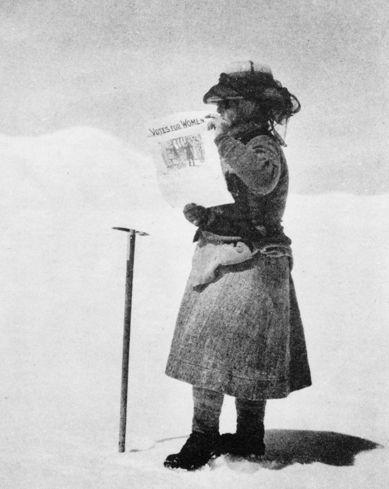 Fanny Bullock Workman with her Votes for Women sign. [Photo] William Hunter Workman, Wikimedia Commons