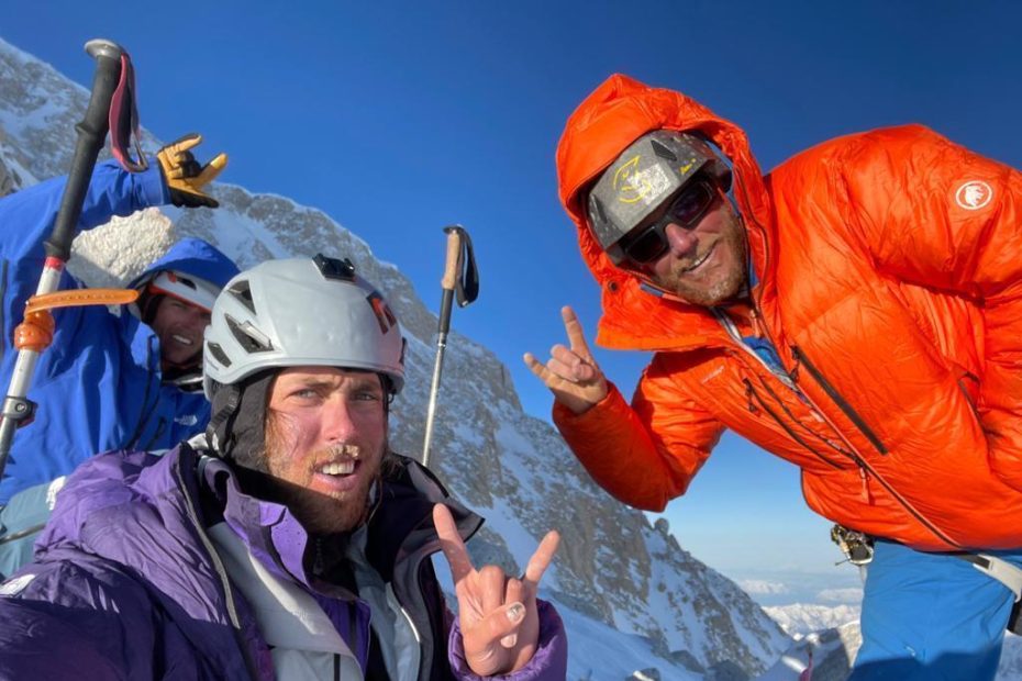 Matt Cornell, Jackson Marvell and Alan Rousseau at the point where the Slovak Direct joins the Cassin Ridge. [Photo] Jackson Marvell