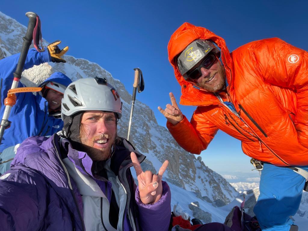 Matt Cornell, Jackson Marvell and Alan Rousseau at the point where the Slovak Direct joins the Cassin Ridge. [Photo] Jackson Marvell