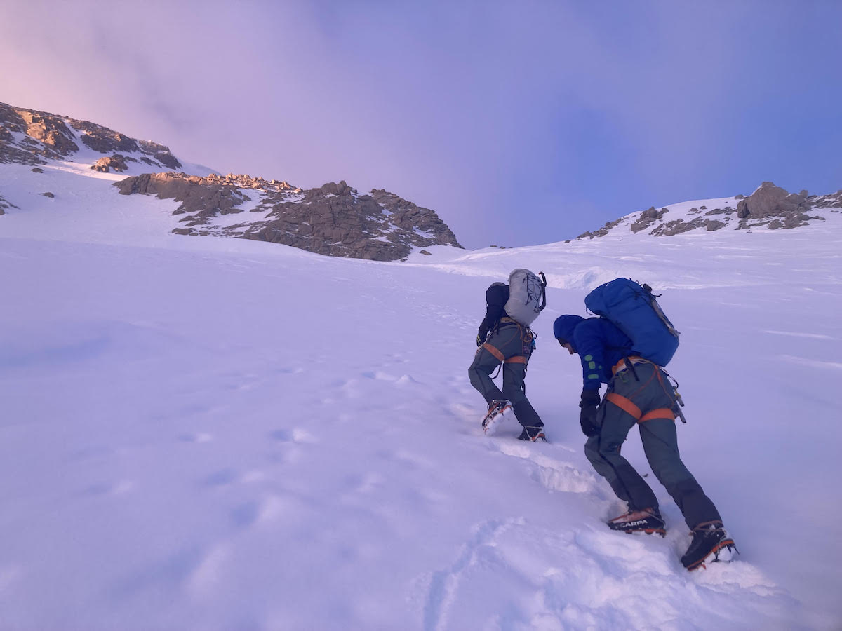 Hennessey and Smith heading back up the West Rib Cutoff to collect gear after the climb. [Photo] Michael Gardner