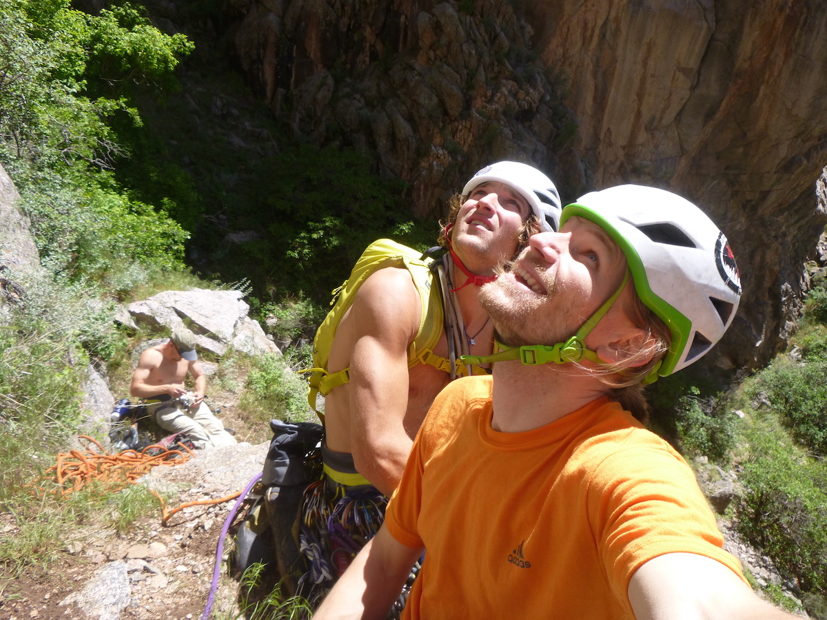Bachelor Party: After a typical Black Canyon approach, the author (right) prepares to climb back to the rim with his buddies Jack Cody (middle) and Todd Preston (left), in June 2015, the day before the author's wedding. [Photo] Derek Franz